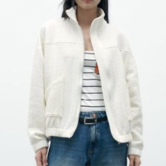 Zara Jackets & Blazers - ZARA White Cream Quilted Knit Oversized Bomber Jacket